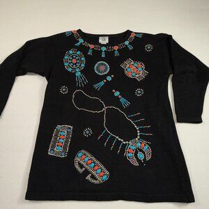 VTG Studio Collection Large Beaded Sweater Aztec Tribal Native Southwest
